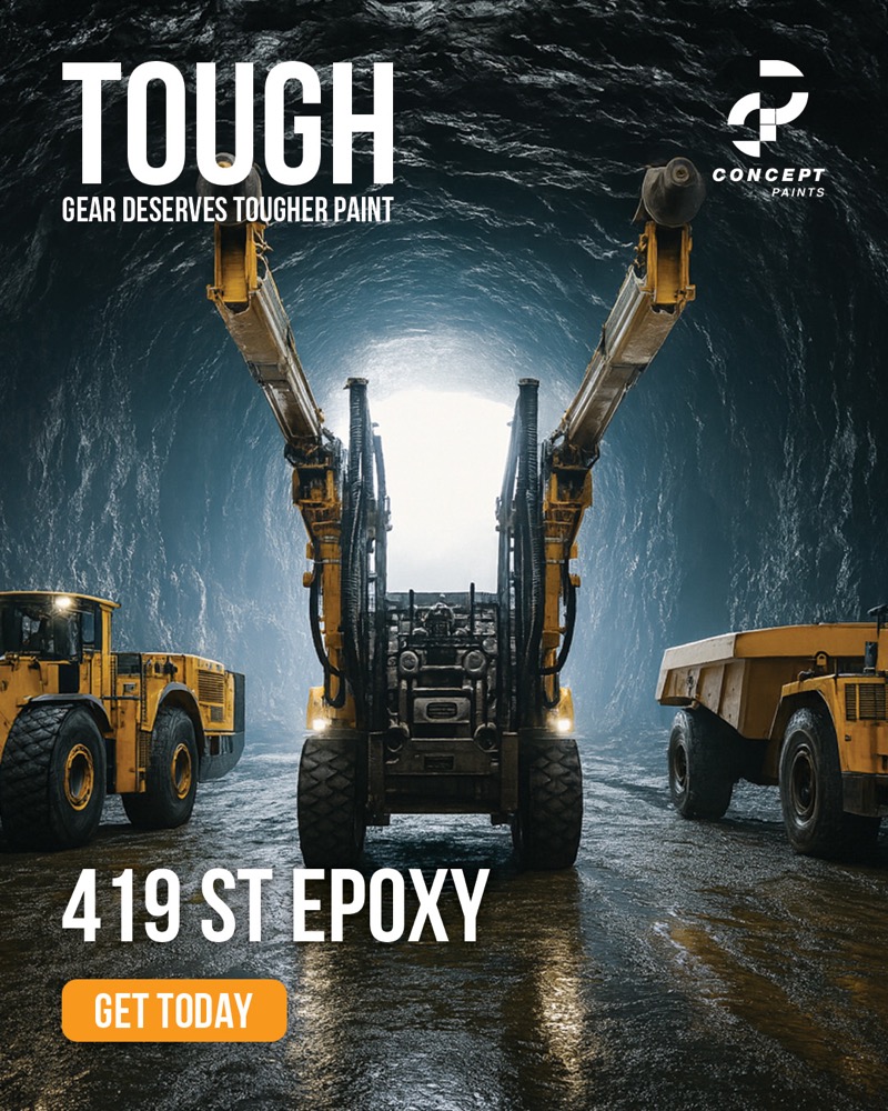 Concept Paints 419 ST Epoxy campaign artwork featuring underground mining equipment